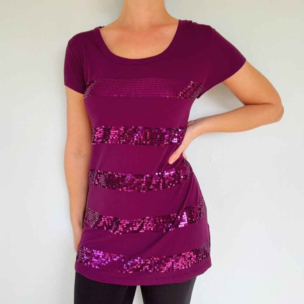 Apt. 9 purple sequin embroidered stripe short sleeve stretch tee size XL